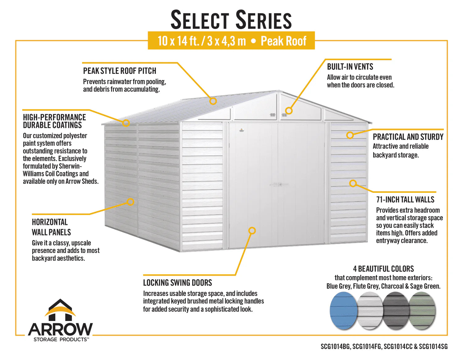 Arrow Select Steel Storage Shed, 10x14, Blue Grey