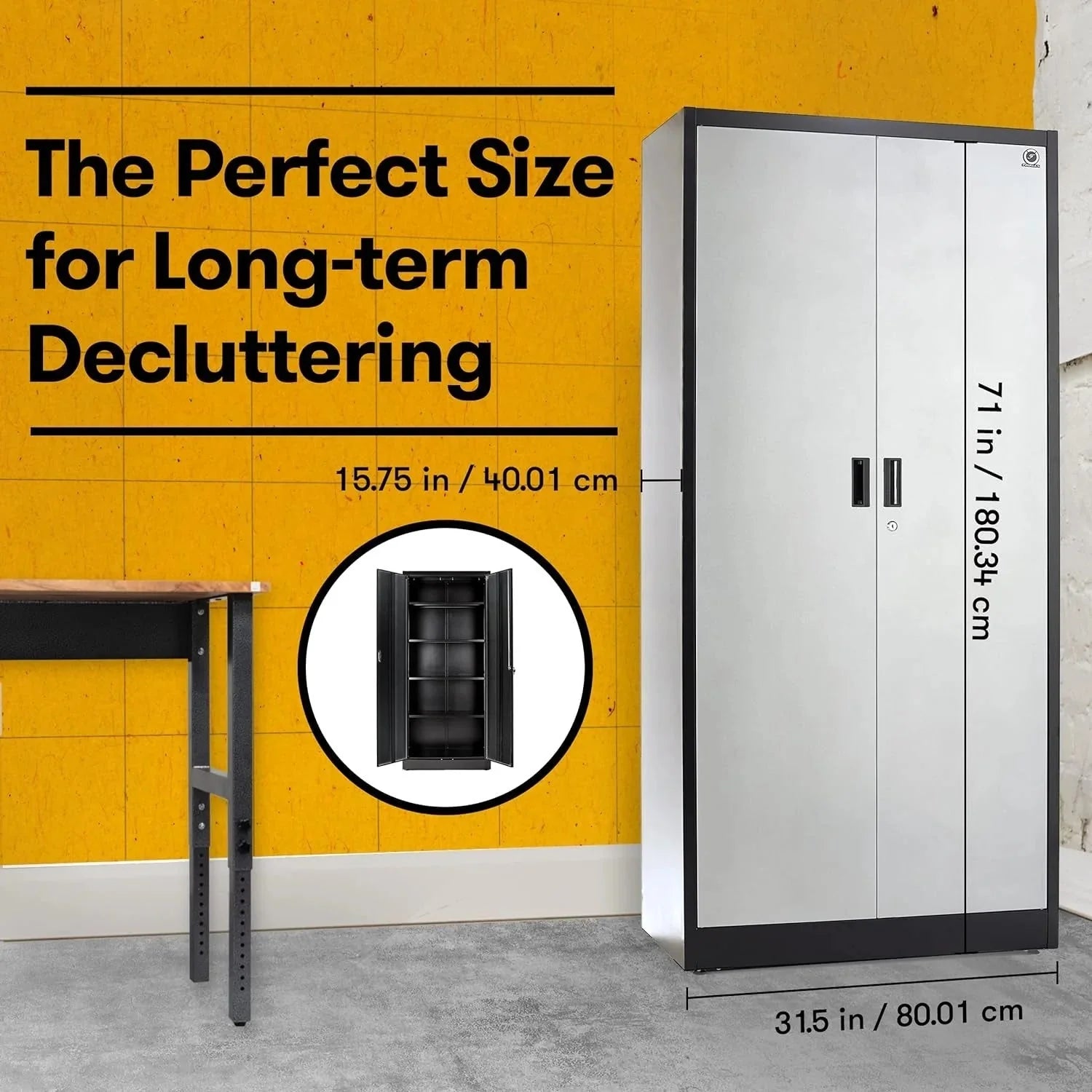 Heavy Duty Metal Garage Locker - 71 tall large steel multipurpose locker with adjustable shelves and door locks - black and silver