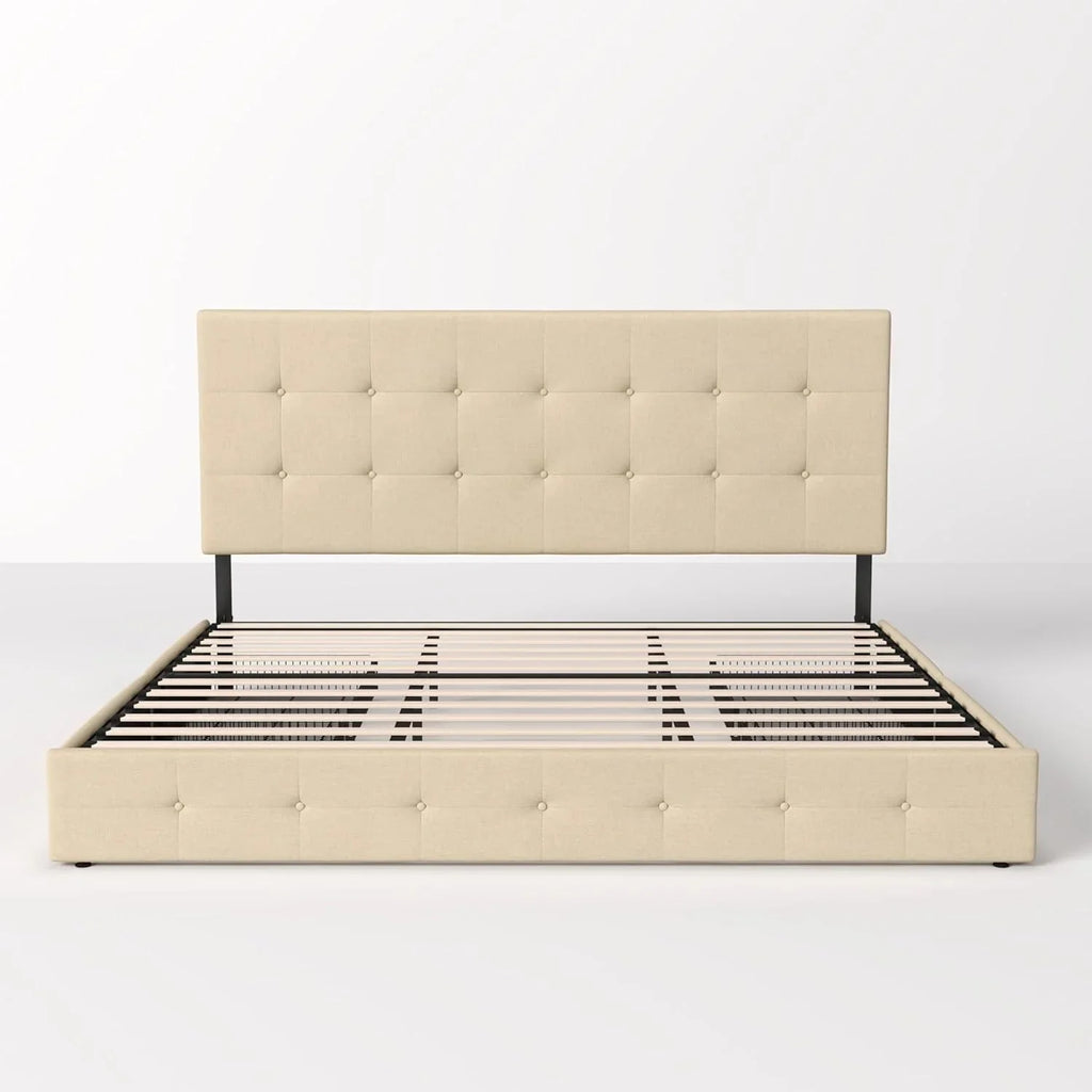 Allewie Upholstered Queen Size Platform Bed Frame with 4 Storage Drawers and Headboard, Square Stitched Button Tufted, Mattress Foundation with Wooden Slats Support, No Box Spring Needed, Light Grey
