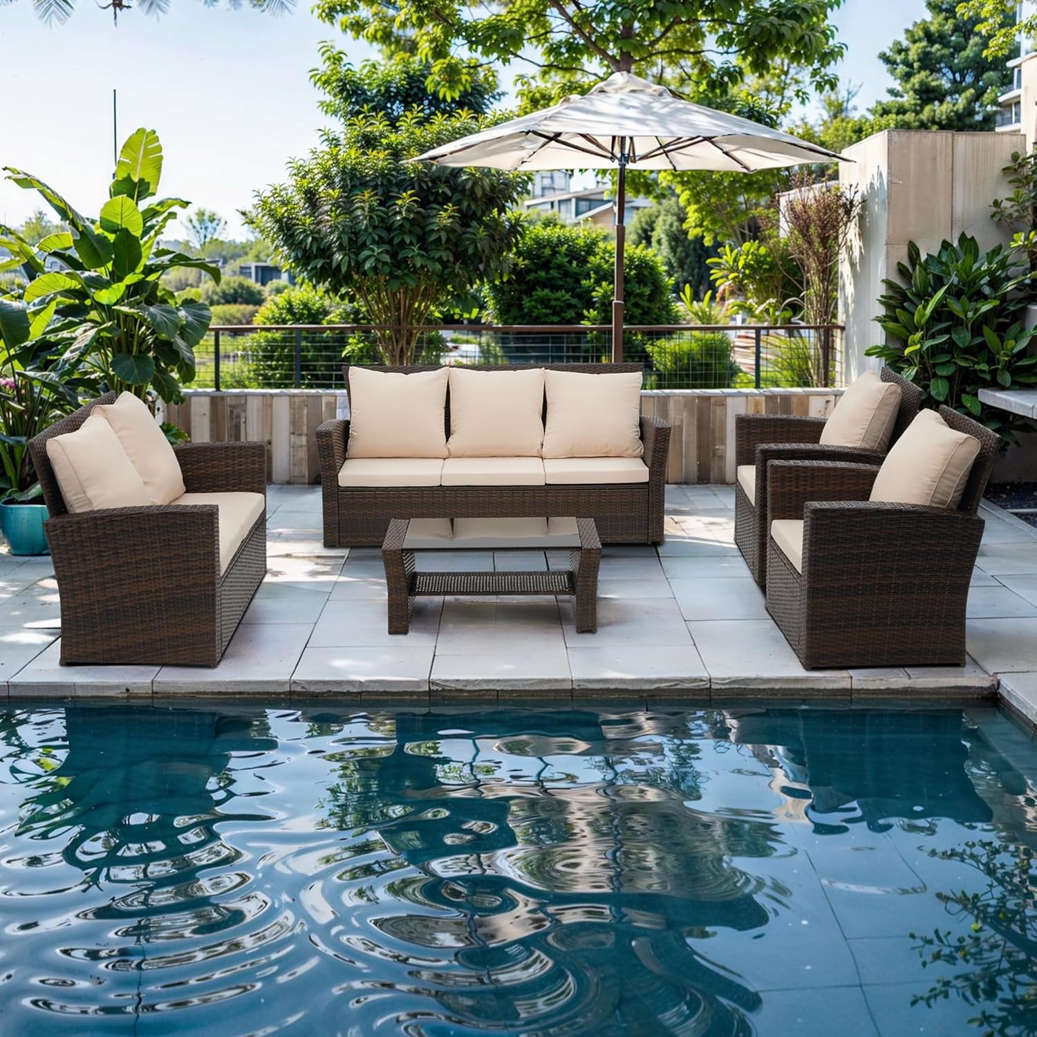 Wisteria Lane 4 Piece Outdoor Patio Furniture Sets, Wicker Conversation Set for Porch Deck, Grey Rattan Sofa Chair with Cushion Blue