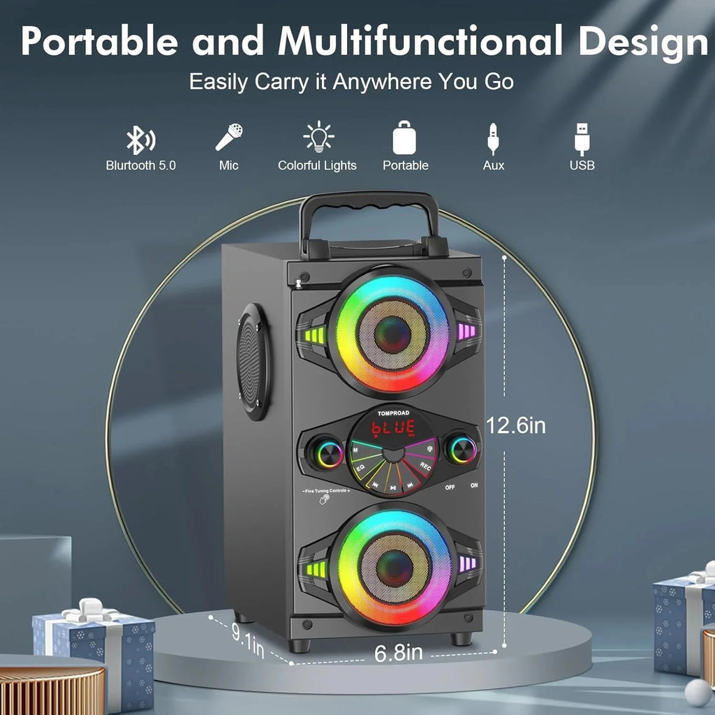 Speakers, 60W Portable Wireless Loud Outdoor Home Party Bluetooth Speaker with Subwoofer, FM Radio, LED Colorful Lights, Microphone, Remote and Big Powerful Stereo Deep Bass Sound Boombox