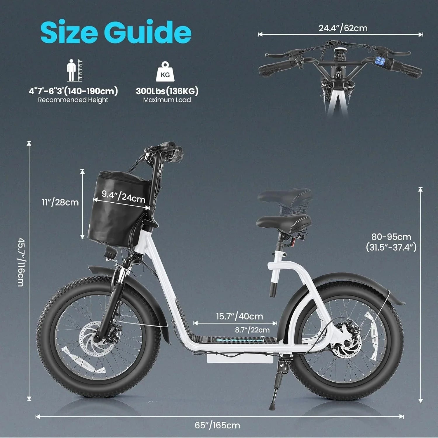Caroma Peak 800W Foldable Adult Electric Scooter with 20-inch Wide Tires, 48V Battery, Basket, and Adjustable Seat