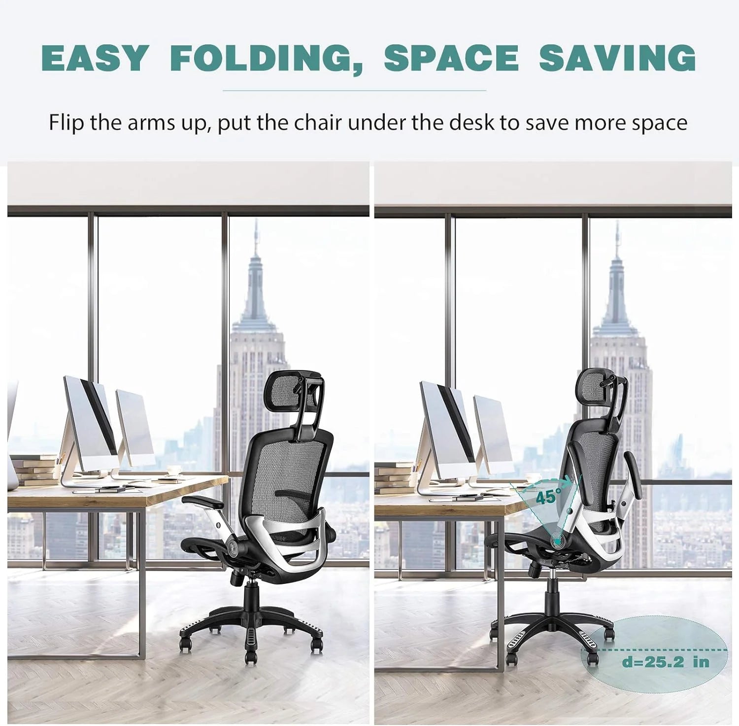 Ergonomic Mesh Office Chair, High Back Desk Chair - Adjustable Headrest with Flip Arm, Tilt Function, Lumbar Support and PU Wheels, Swivel Computer Work Chair