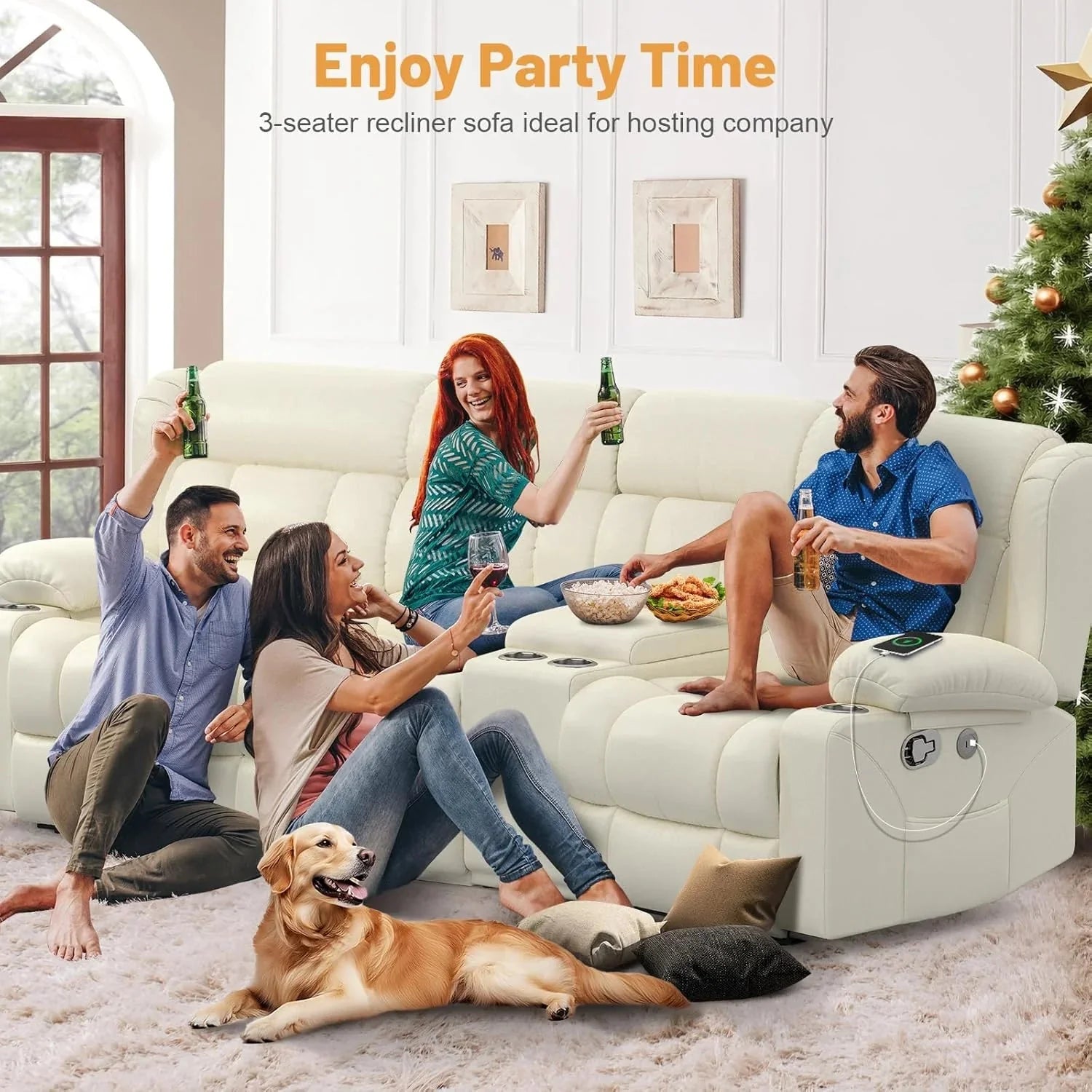 3 Seat Reclining Sofa with Storage Drawer USB Ports & Cup Holders Manual Couch