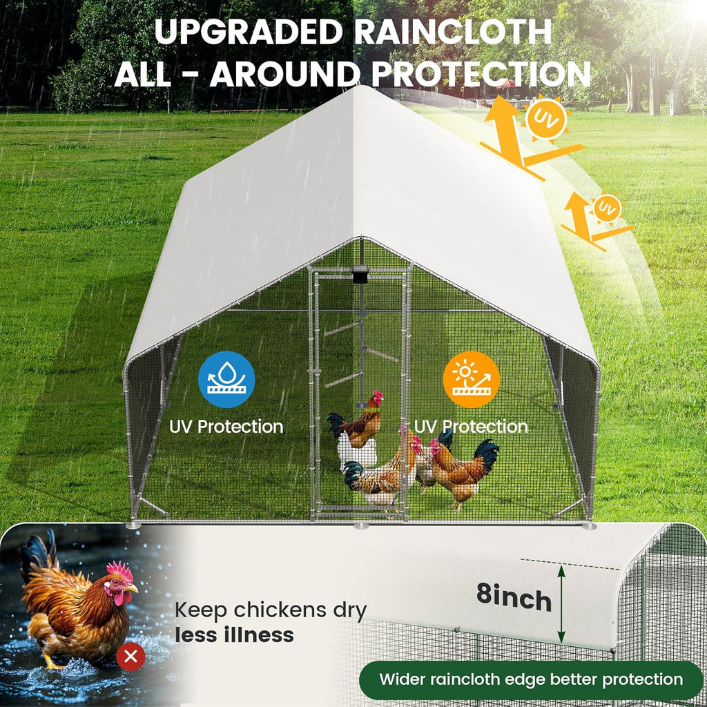 Large Walk-in Metal Chicken Coop with Run, Solar Light, UV Cover