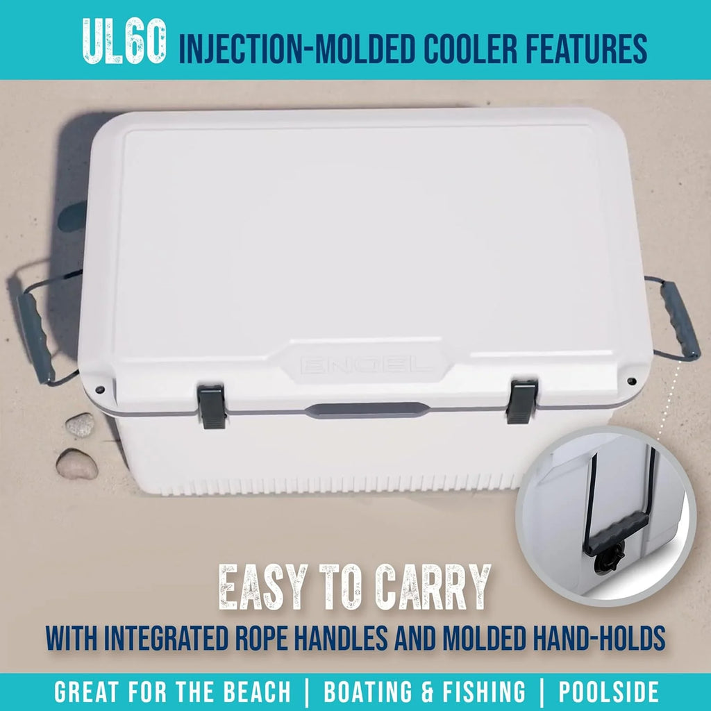 60 QT Ultra-Light Injection Molded Cooler - Ice Chest Keeps Ice up to 7 Days - Large Cooler Includes Wire Basket, Divider and Built-in Bottle Opener