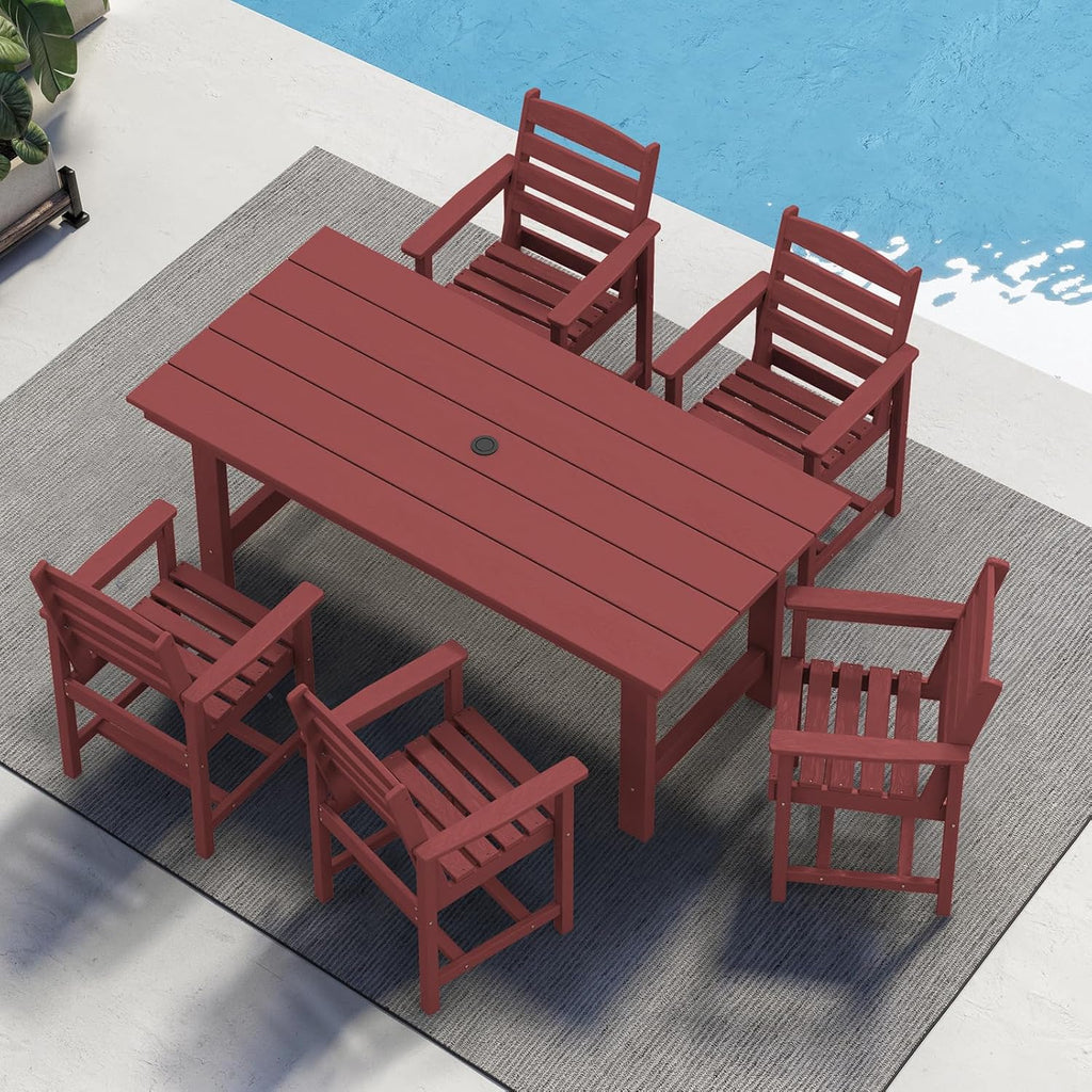 SERWALL 7-Piece Patio Table Set, Outdoor HDPE Dining Furniture with Umbrella Hole, All Weather Table and Chairs for Lawn, Garden, Poolside, Aruba