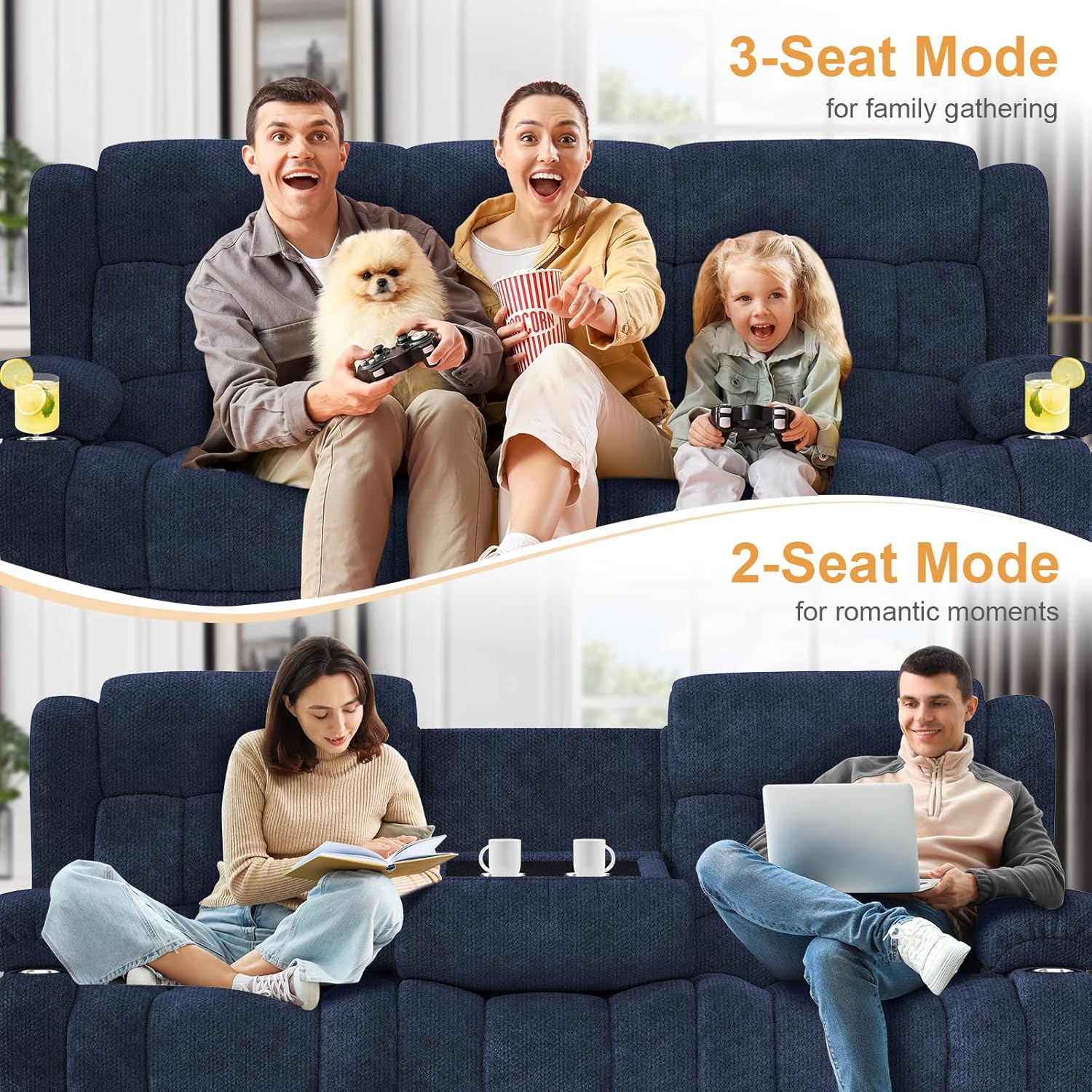 3 Seat Reclining Sofa with Storage Drawer USB Ports & Cup Holders Manual Couch