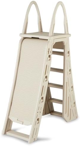 Confer Plastics 7200 Roll Guard 48 to 56 Adjustable A Frame Safety Ladder For Above Ground Outdoor Patio Swimming Pool Platform Ladder with Step Barrier, Warm Grey