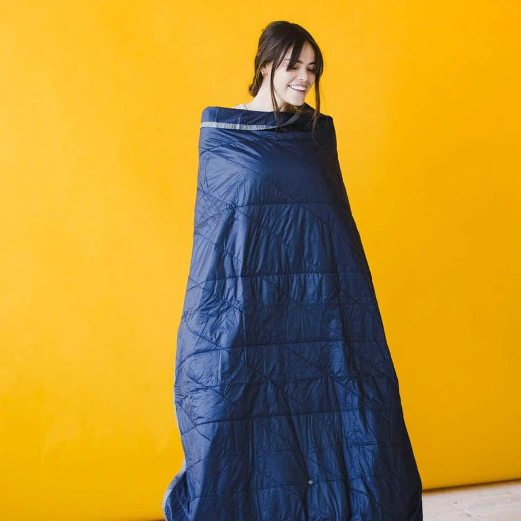 Layover Ultra-Compact Packable Down Blanket for Travel & Camping - Lightweight, Warm Travel Blanket Airplane, Car Blanket, Camping Blankets for Cold Weather - Includes Carrying Pouch (Blue)