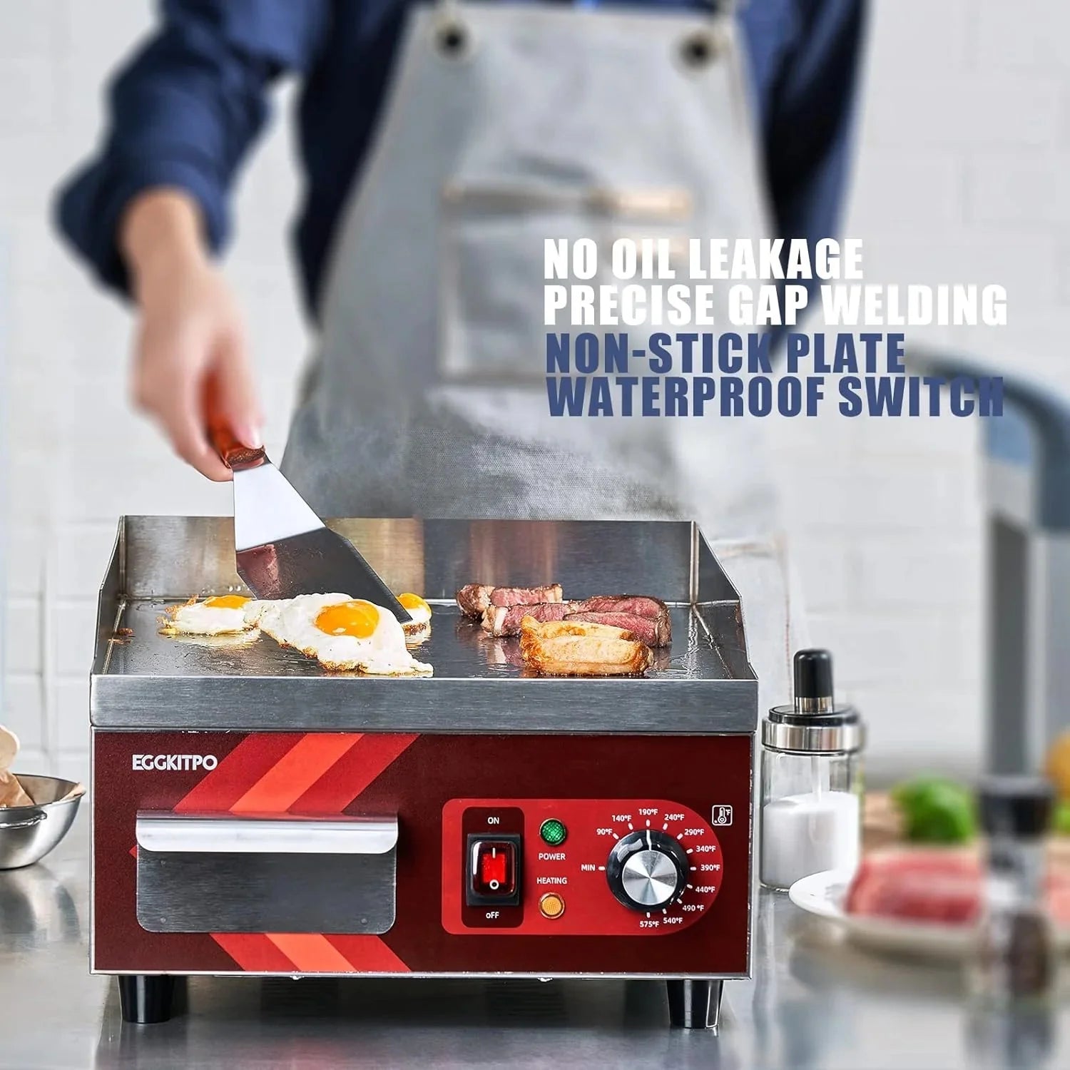 14 Inch Electric Griddle, Non-Stick Flat Top Grill Commercial Electric Countertop Griddles Stainless Steel Adjustable Temperature Control 90F-575F for Home or Restaurant Use
