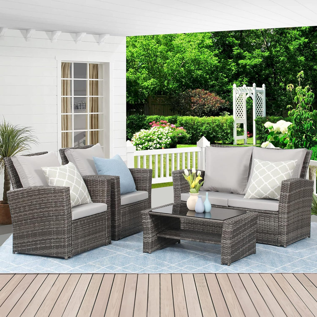 Wisteria Lane 4 Piece Outdoor Patio Furniture Sets, Wicker Conversation Set for Porch Deck, Grey Rattan Sofa Chair with Cushion Blue