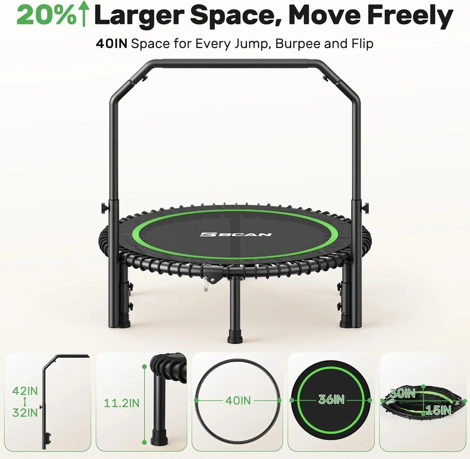 BCAN 450/550 LBS Foldable Mini Trampoline, 40/48 Fitness Trampoline with Bungees, U Shape Adjustable Foam Handle, Stable & Quiet Exercise Rebounder for Adults Indoor/Outdoor Workout