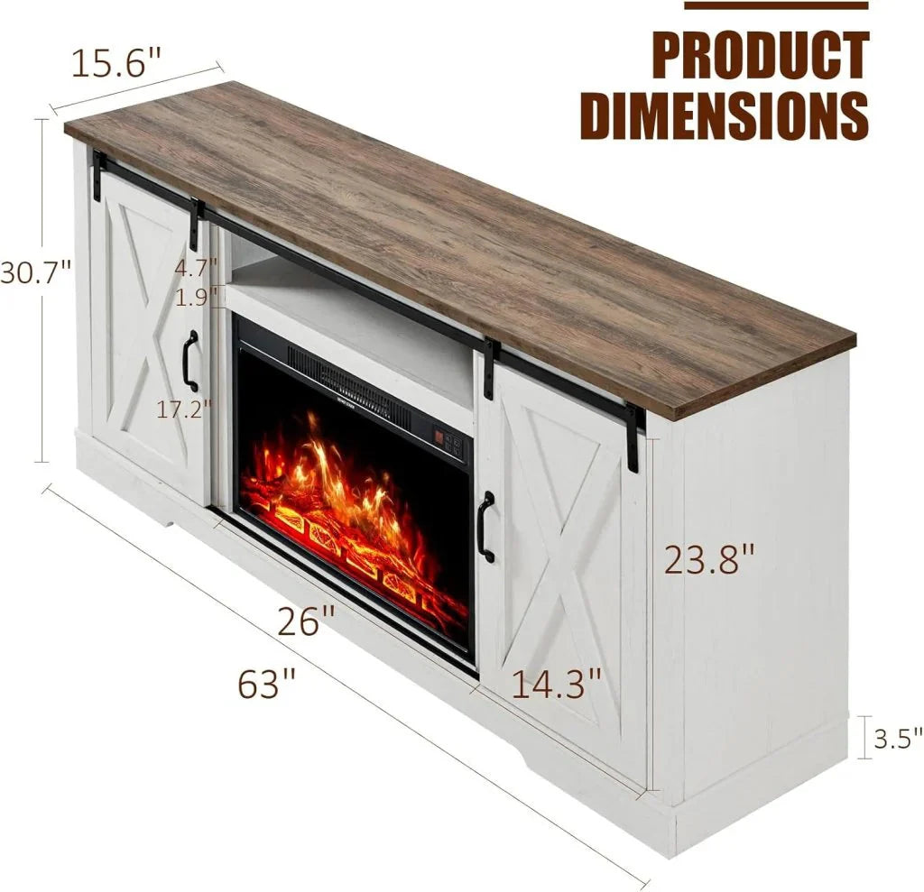 AMERLIFE Fireplace TV Stand with Sliding Barn Door for TVs up to 73, Farmhouse 63 Fireplace Entertainment Center with Storage Cabinets/Adjustable Shelves