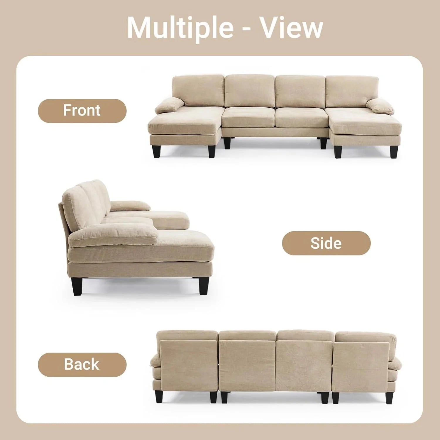 VINGLI 110 Sectional Couches for Living Room,U Shaped Couch with Double Chaise, 4-Seat Sofa Set with Chenille Fabric for Home Furniture,Beige