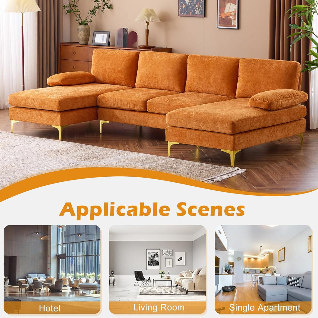 VINGLI 110 Sectional Couches for Living Room,U Shaped Couch with Double Chaise, 4-Seat Sofa Set with Chenille Fabric for Home Furniture,Beige