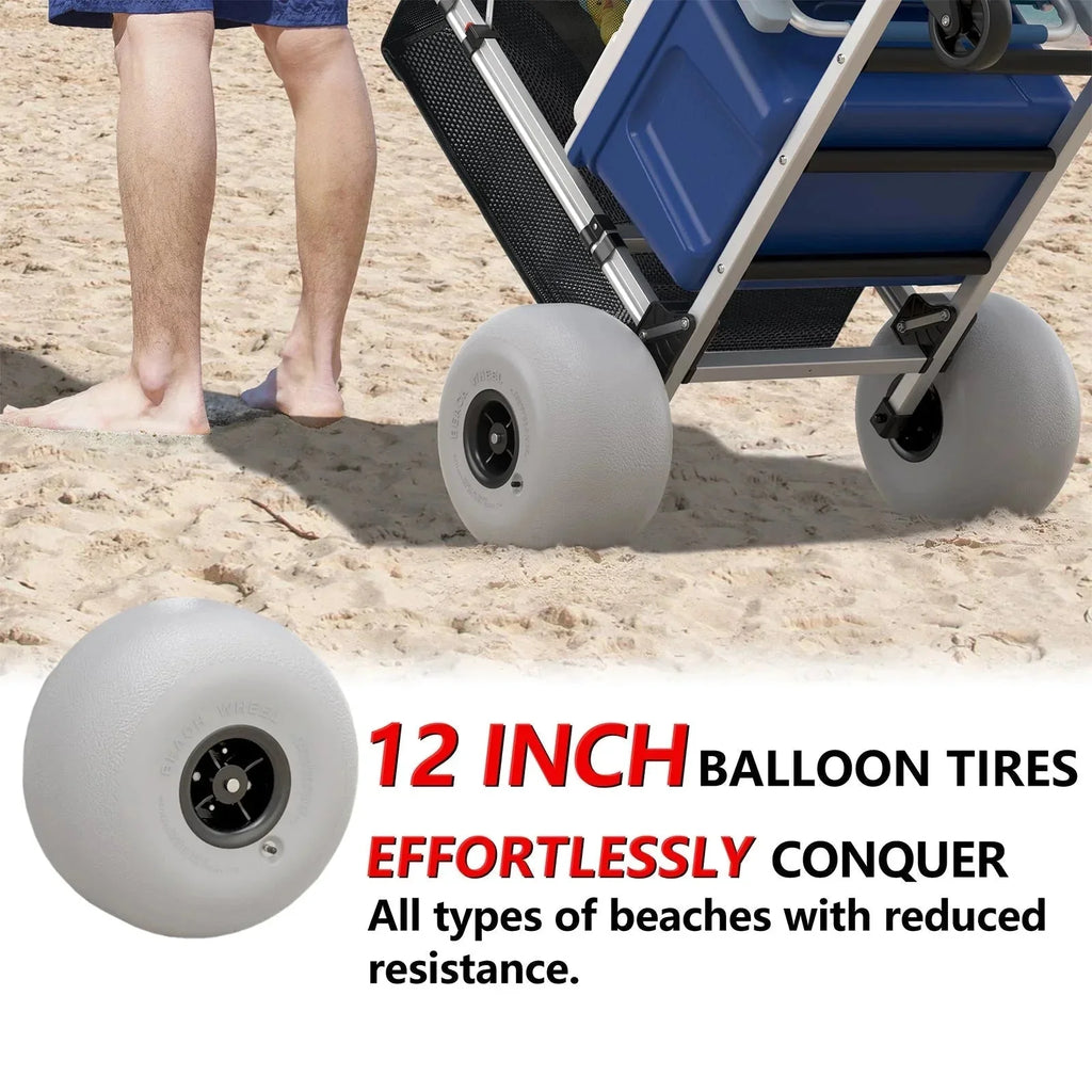 GDLF Foldable Beach Cart with Adjustable Handle and 12 Balloon Wheels, Heavy Duty Aluminum 220LBS Capacity