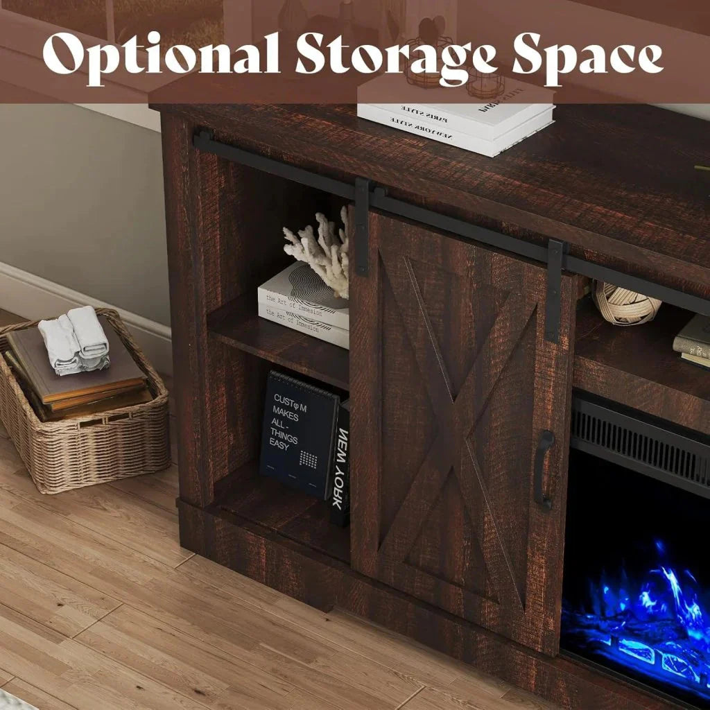 AMERLIFE Fireplace TV Stand with Sliding Barn Door for TVs up to 73, Farmhouse 63 Fireplace Entertainment Center with Storage Cabinets/Adjustable Shelves