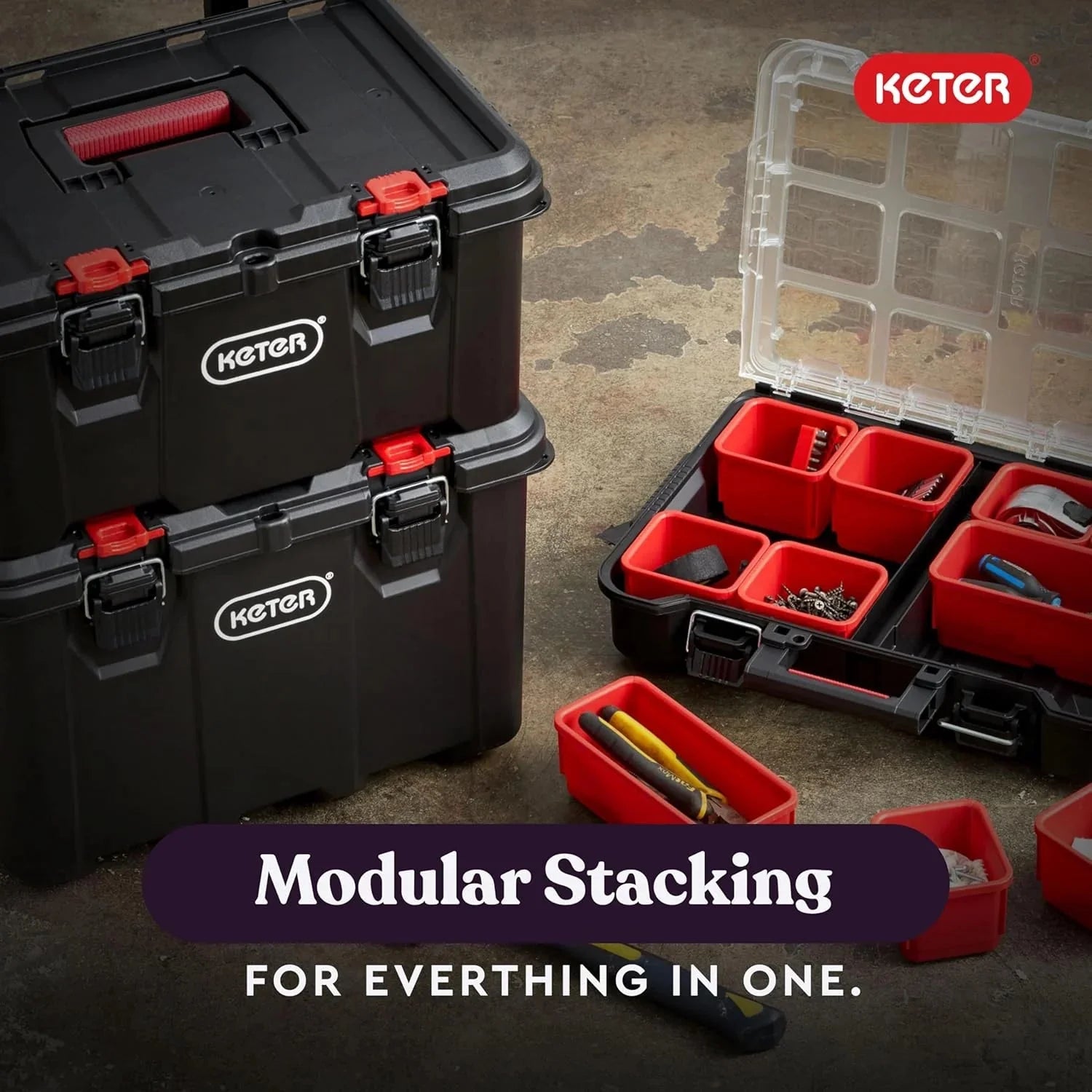 Keter Stack-n-Roll Modular Tools Organizer for Garage Storage and DIY, 3 Piece Resin Rolling Tool Box System for Small Parts