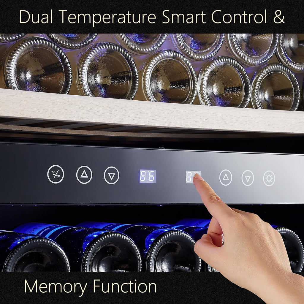 24 inch Wine Cooler, 46 Bottle - Dual Zone Built-in or Freestanding Fridge with Stainless Steel Reversible Glass Door, for Home, Kitchen, or Office.