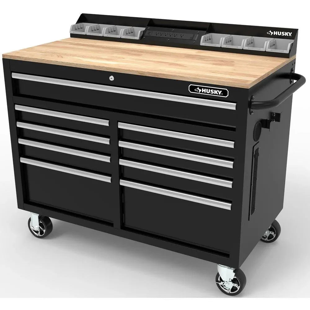 46-in W x 24.5-in D 9-Drawer Mobile Workbench with Hardwood Top and Power Station ?? Gloss Black