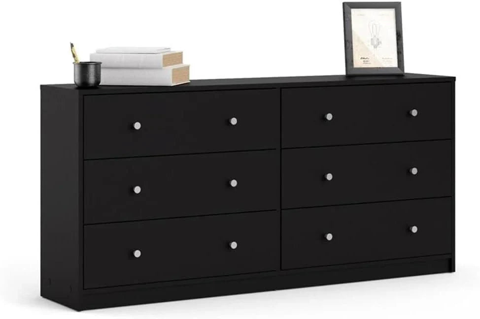 3-Pc Scandinavian Design Engineered Wood Bedroom Furniture Set with 3-Drawer Chest & 6-Drawer Double Dresser & 1-Drawer Nightstand, Pewter Plastic Handles, Smooth Plastic Glides, in Black