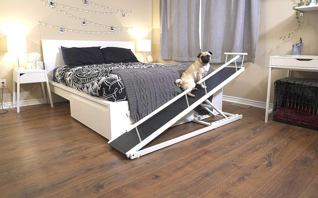 Dog Ramp for Beds - Adjustable up to 37 High Beds with Low Incline, Safety Rails & Anti-Slip Grip, for Small Dogs up to 50lbs - Solid Hardwood, Made in North America