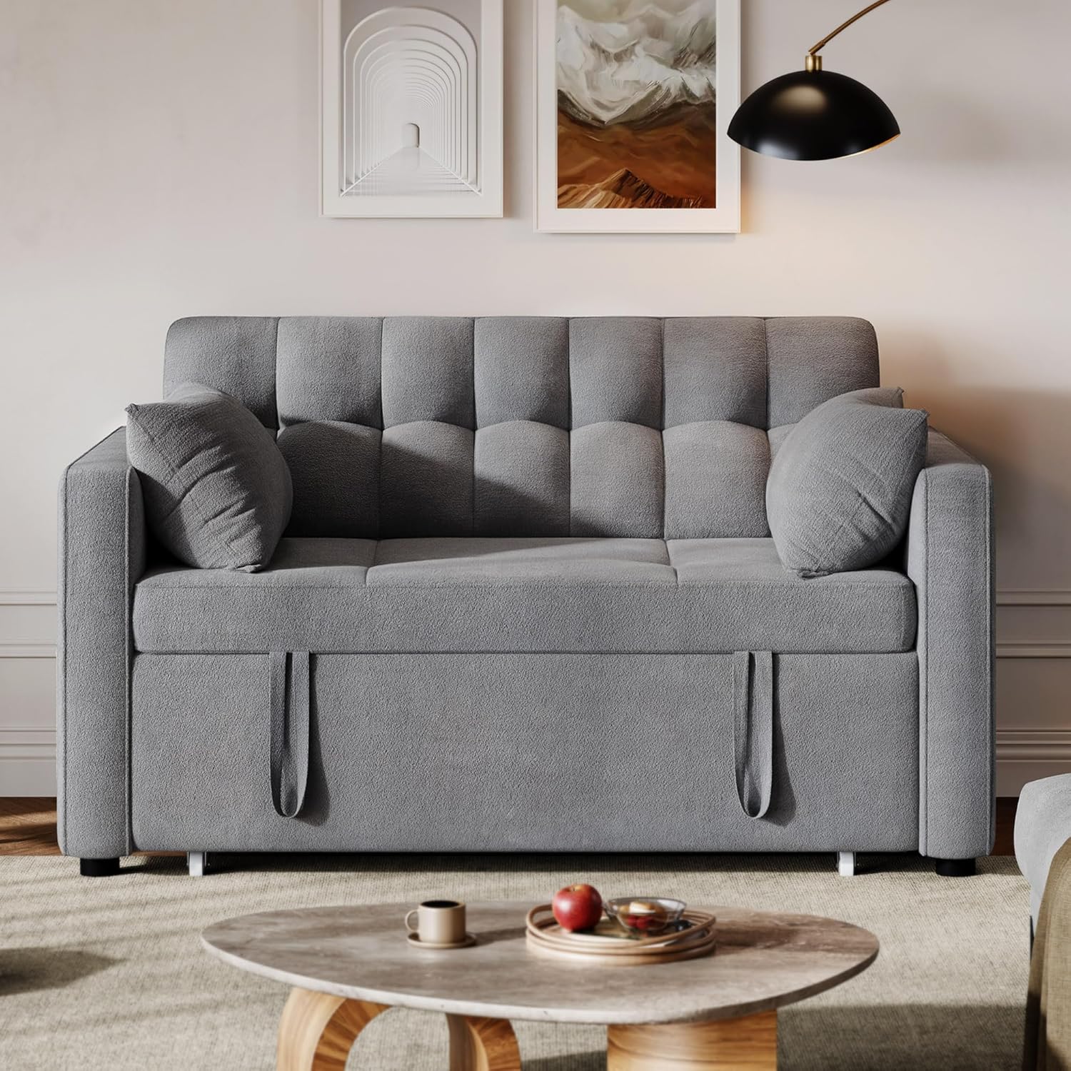 DWVO 3-in-1 Convertible Sofa Bed, 55 Sleeper Sofa with Pull-Out Bed, Cat-Scratch-Proof Fabric Futon Couch with Adjustable Backrest and Side Pocket, Loveseat for Living Room Apartment, Grey