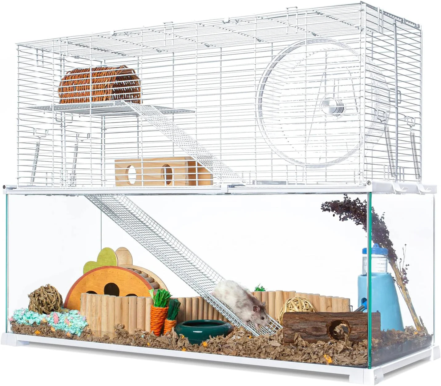 3 Tiers Large Hamster Cages, Glass Hamster Cage Habitat with Openable Wire Topper, Gerbil Cage with Two Ladders Ramps and Removeable Waterproof PVC Tray, Easy to Clean