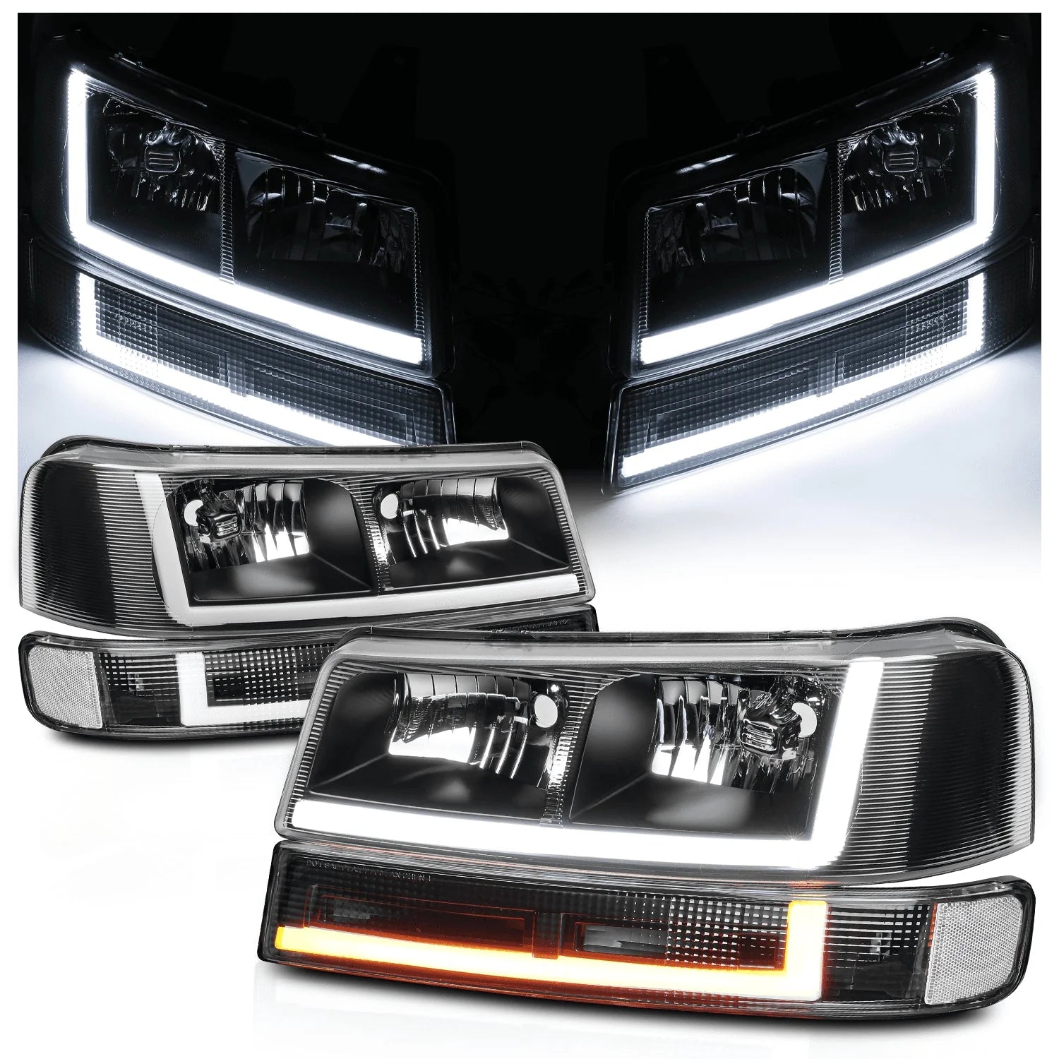 A set of 4 LED running light bars L+R black headlights + bumper signals for 2003-2014 Chevrolet Express 1500,2003-2023 Chevrolet Express 2500