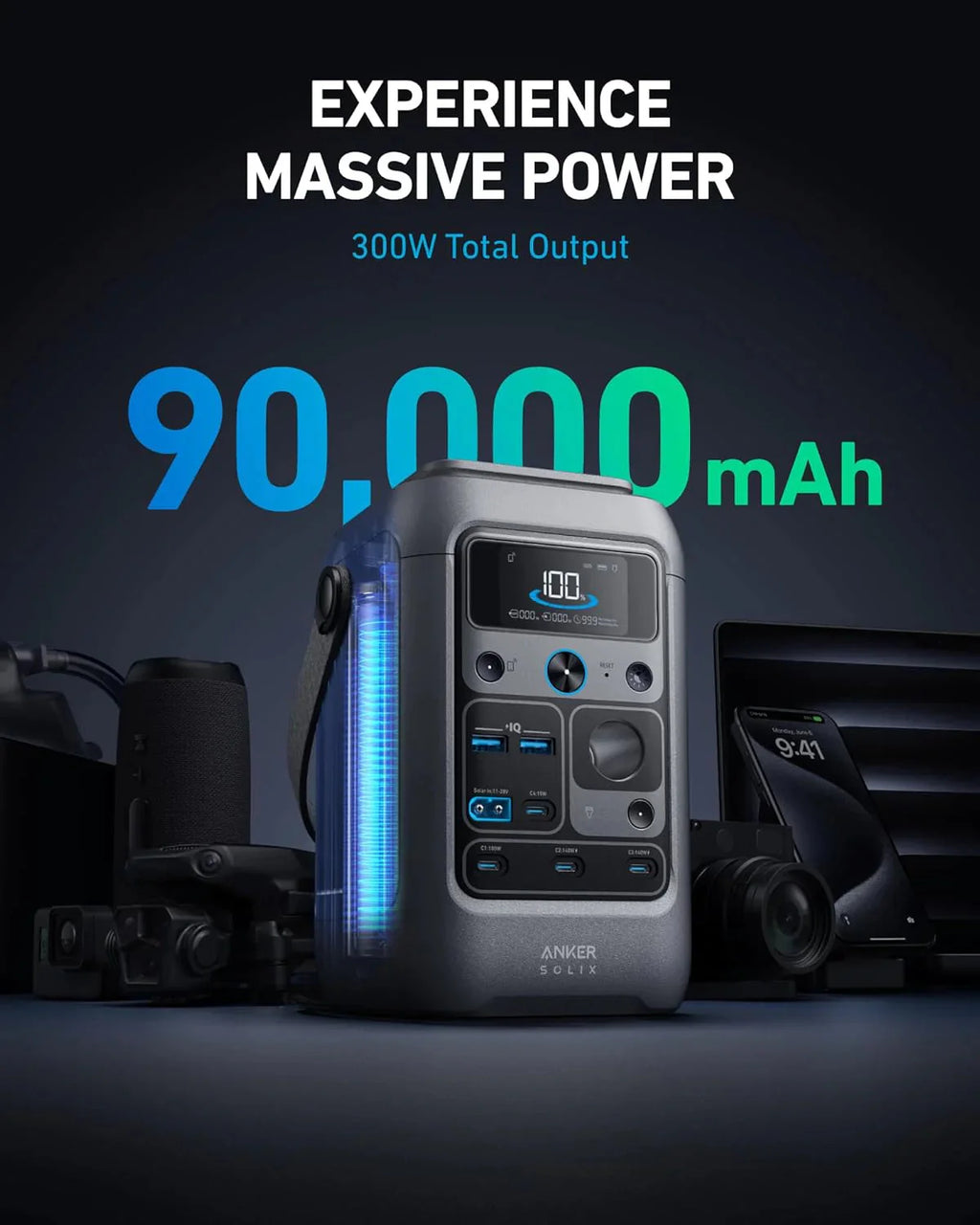 Anker Power Bank Station SOLIX C300 DC (90,000mAh), 288Wh, Portable Power Station, 300W Solar Generator, LiFePO4 Battery, Generators for Home Use, for Outdoor Camping(No Wall Charger Included)