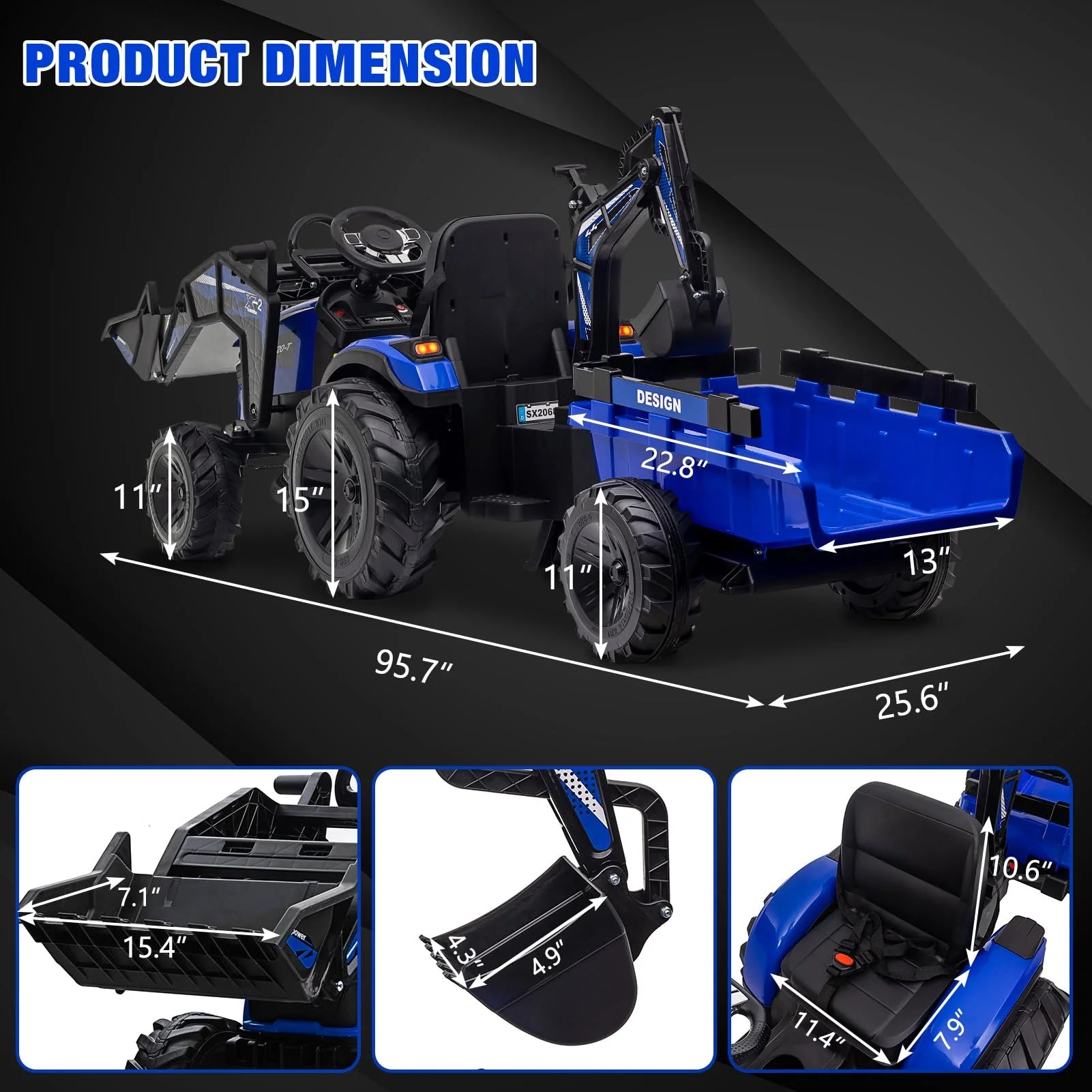 3-in-1 Ride-On Tractor, 24V Electric, Excavator & Bulldozer, Remote Control, LED, Music, USB/Bluetooth max 66 lbs – Bright-blue