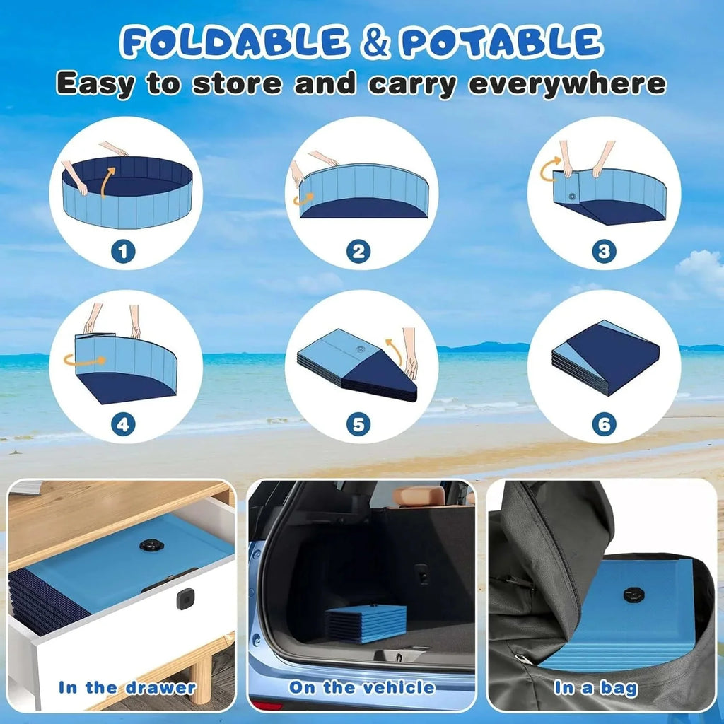 Foldable Dog Swimming Pool, 120x20 Oversize Collapsable Hard Plastic Potable Bathing Tub for Pet Dog Kiddie Pool Indoor and Outdoor Leakproof PVC Play Pool for Large Dogs Pets Puppy Kids Blue