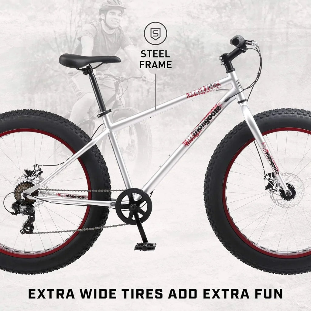 Malus Mens and Women Fat Tire Mountain Bike, 26-Inch Bicycle Wheels, 4-Inch Wide Knobby Tires, Steel Frame, 7 Speed Drivetrain, Shimano Rear Derailleur, Disc Brakes