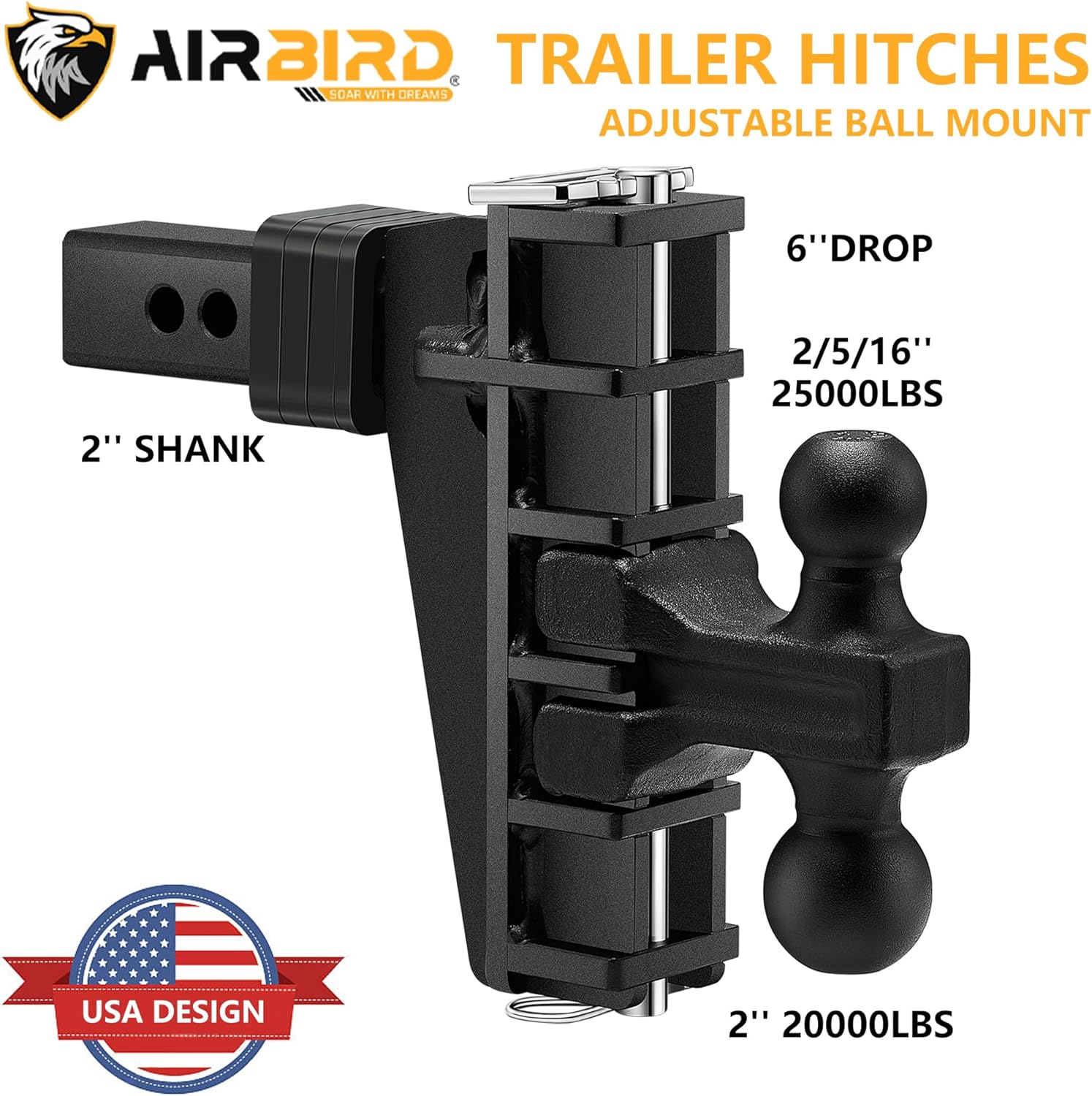Adjustable Trailer Hitch Fits 2-Inch Receiver, Heavy Duty Tow Hitches (17000 LBS GTW) 6 Inch Drop Truck Hitch Tri-Ball Mount with Hook (1-7/8 x 2 x 2-5/16)