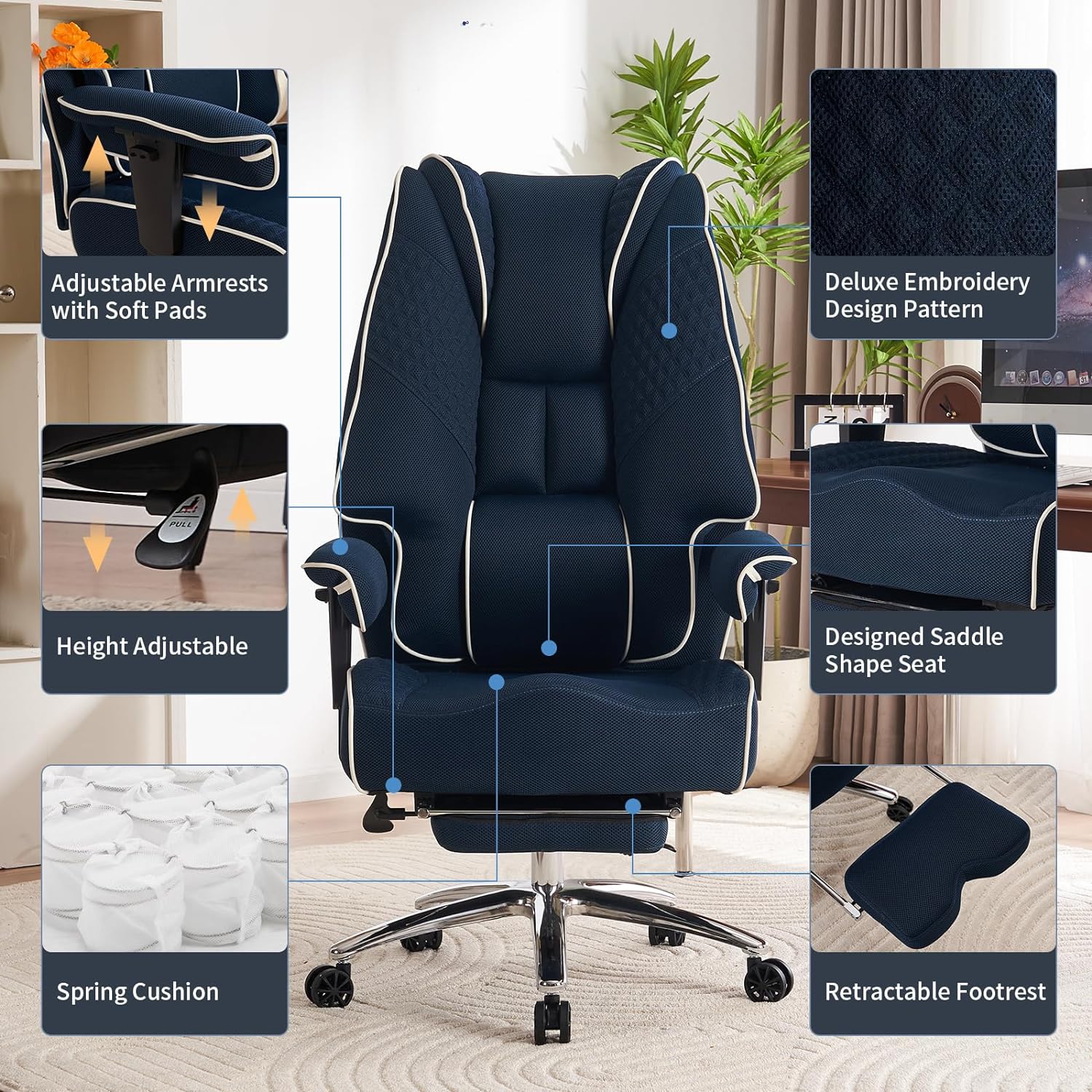 Large Tall Office Chair 400 lbs Wide Seat, Leather High Back Executive Office Chair with Footrest, Ergonomic Office Chair Lumbar Support to Relieve Lower Back Pain (Beige)