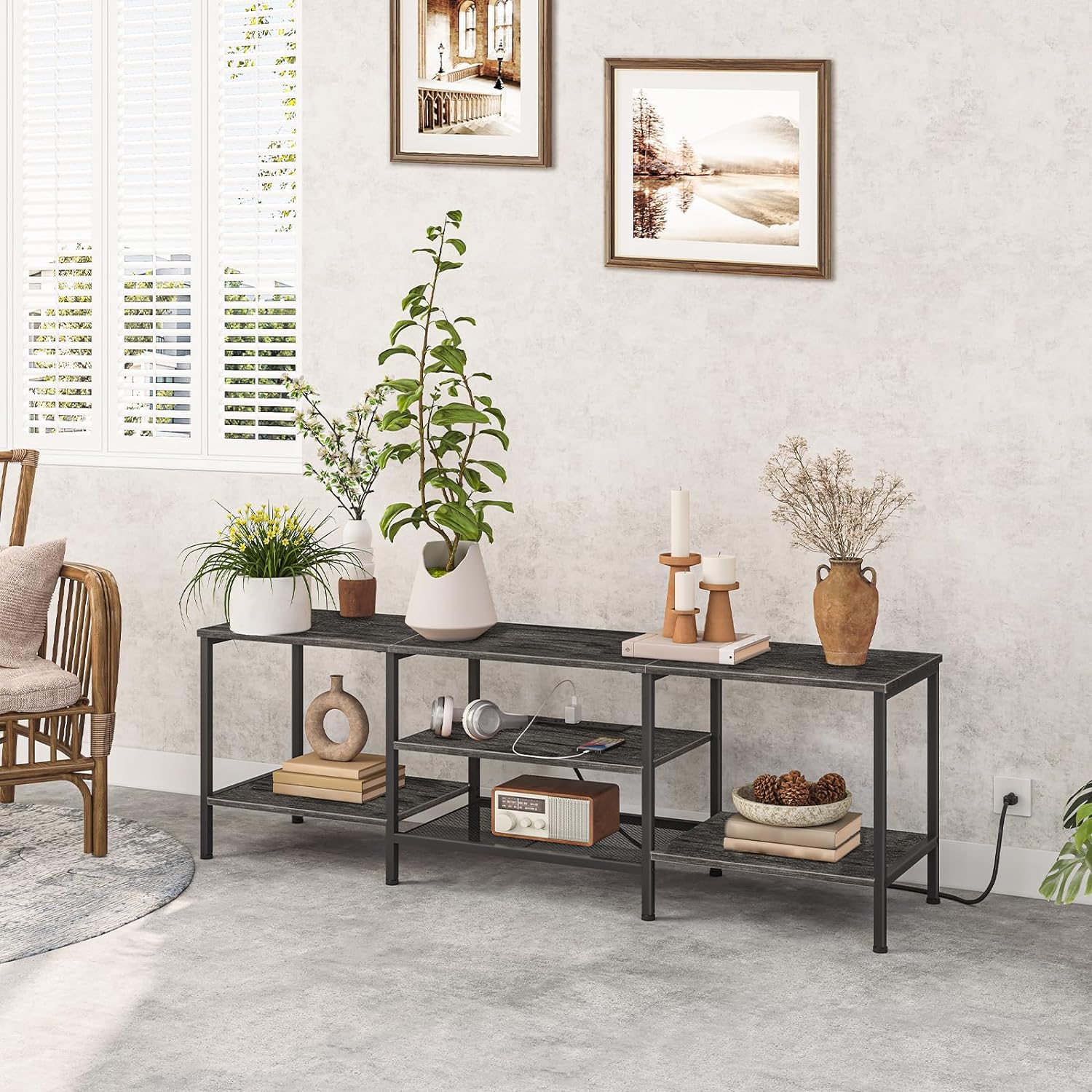 TV Stand with Power Outlets to 75 Inches, TV Console Table with Open Storage Shelves Cabinet, Industrial Media Entertainment Center for Living Room Bedroom, Rustic Brown and Black BF60DS01