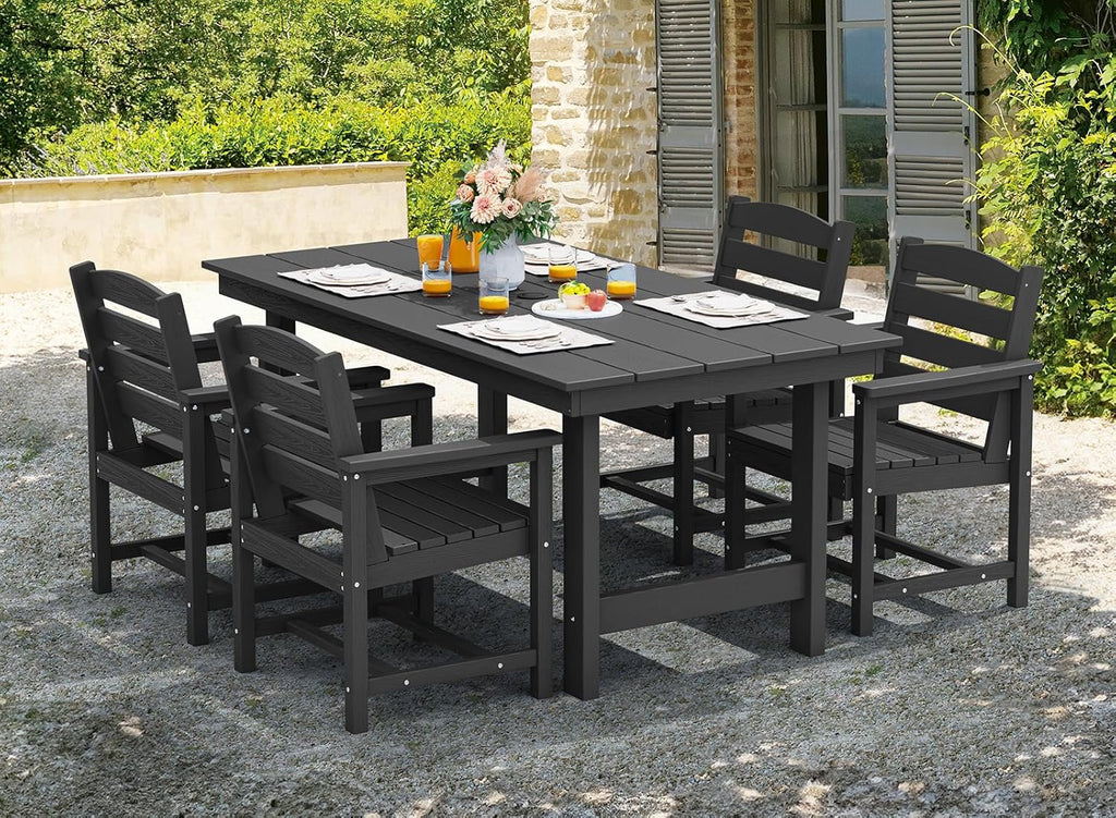 SERWALL 7-Piece Patio Table Set, Outdoor HDPE Dining Furniture with Umbrella Hole, All Weather Table and Chairs for Lawn, Garden, Poolside, Aruba