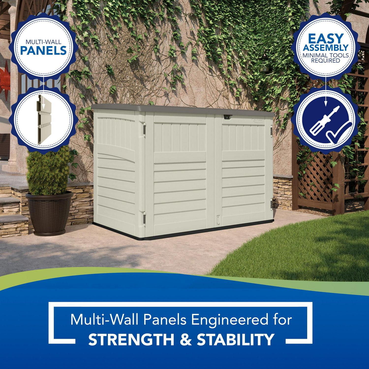 Suncast BMS4700 Resin Storage Shed, Off-White/Gray, 70.5′′W x 44.25′′D x 52′′H, Double Door, UV Resistant