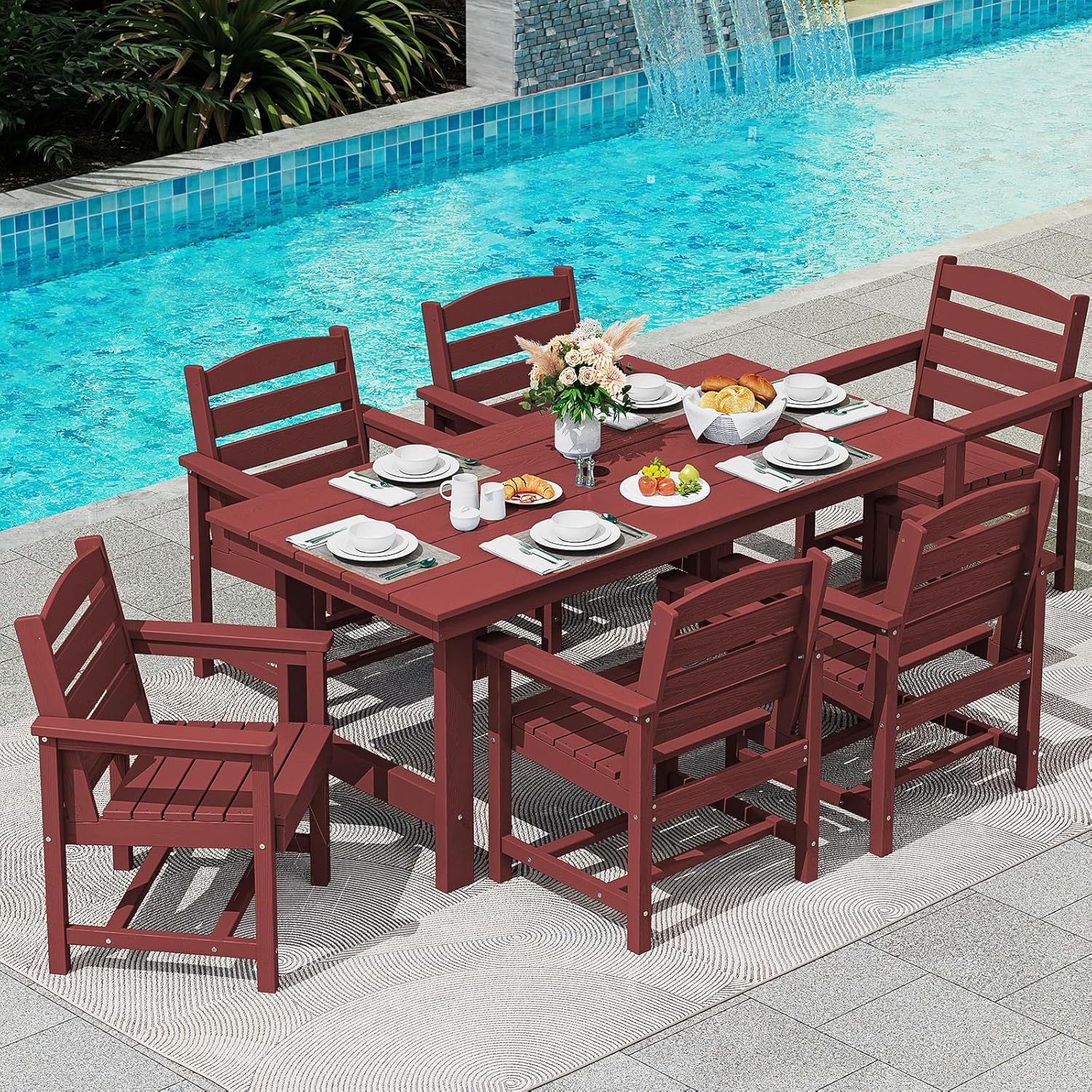 SERWALL 7-Piece Patio Table Set, Outdoor HDPE Dining Furniture with Umbrella Hole, All Weather Table and Chairs for Lawn, Garden, Poolside, Aruba