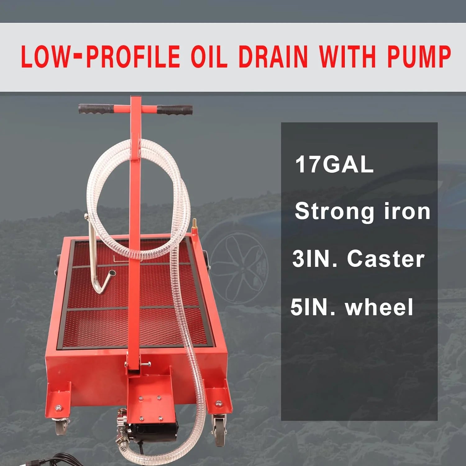 20 Gallon Low Profile Roll Around Oil Drain Pan with 110V Electric Pump 8 Feet Hose for Trucks Cars SUVS Red