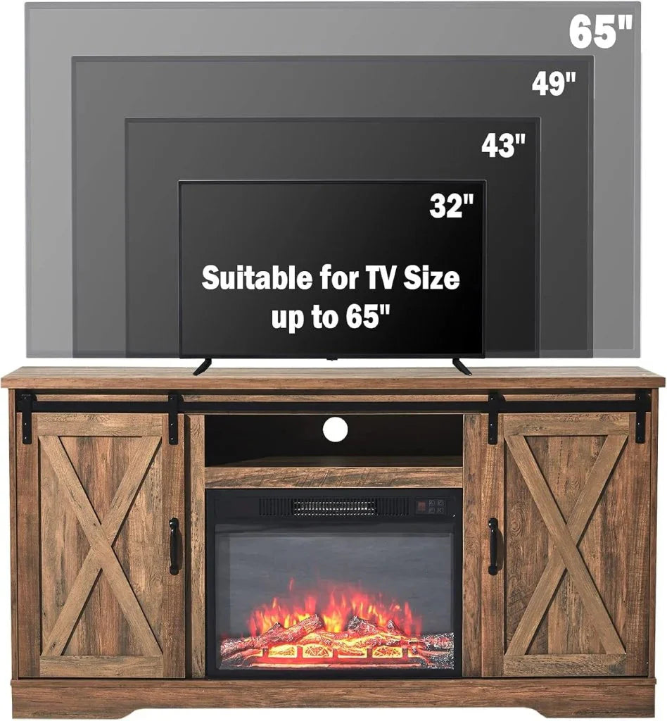 AMERLIFE Fireplace TV Stand with Sliding Barn Door for TVs up to 73, Farmhouse 63 Fireplace Entertainment Center with Storage Cabinets/Adjustable Shelves