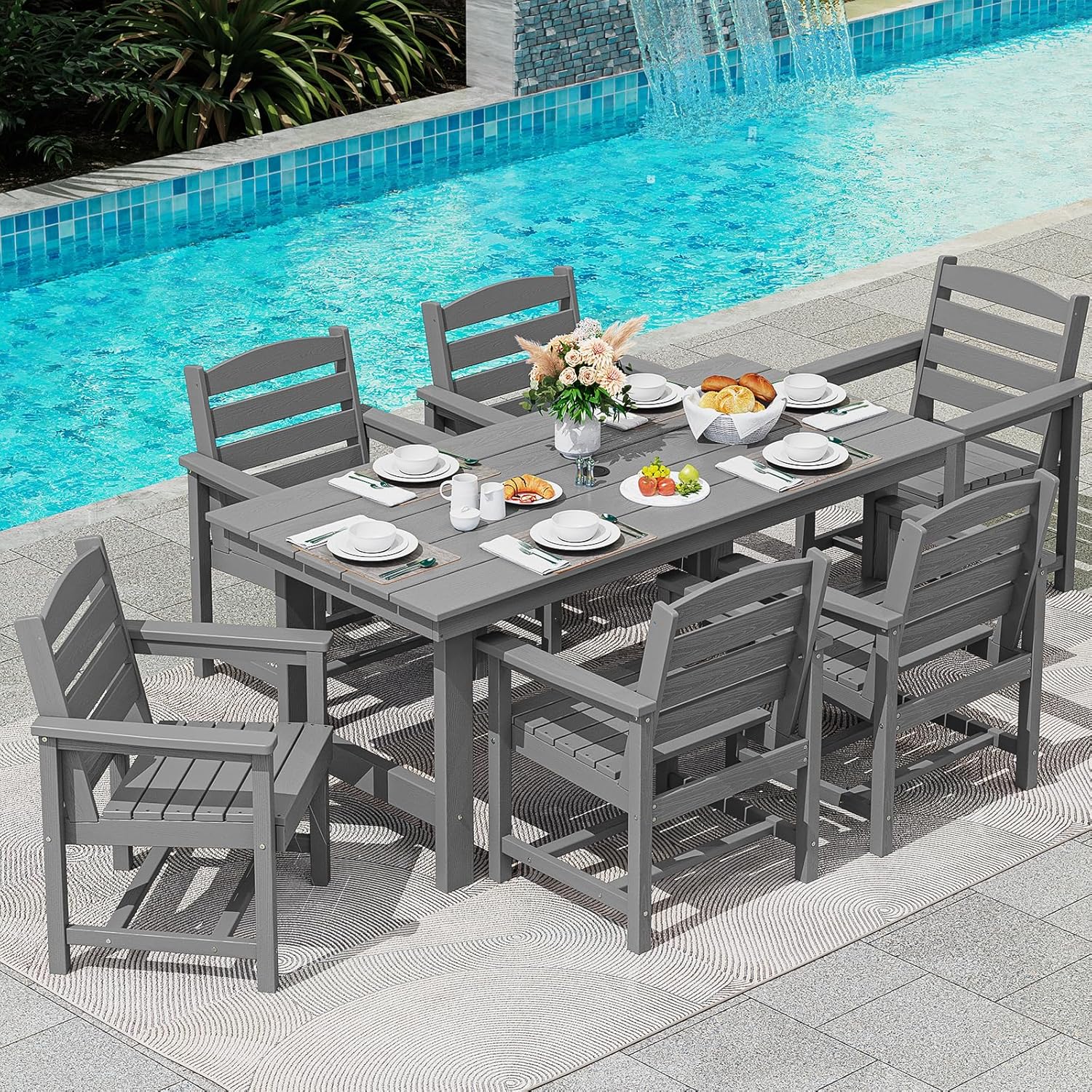 SERWALL 7-Piece Patio Table Set, Outdoor HDPE Dining Furniture with Umbrella Hole, All Weather Table and Chairs for Lawn, Garden, Poolside, Aruba