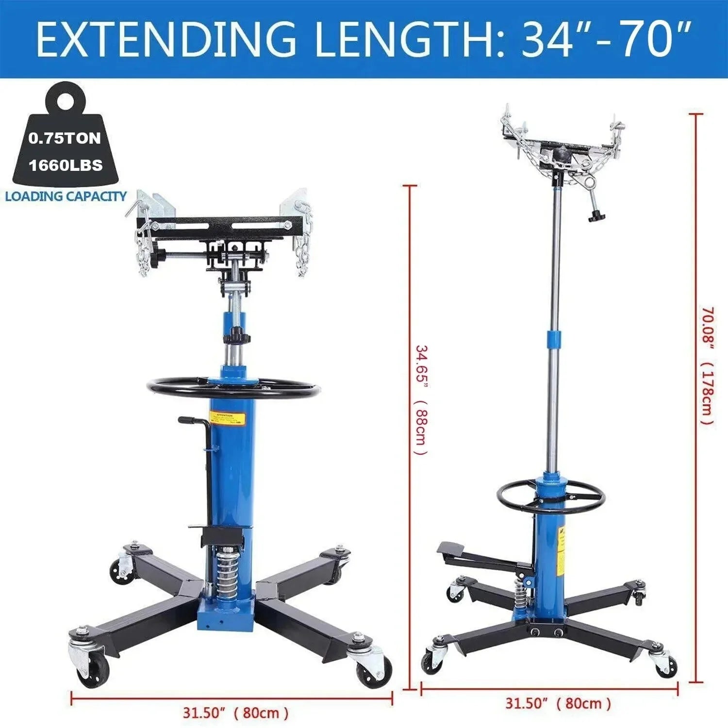 1660 Pounds Hydraulic Car Transmission Jack Vertical Lift with 360 Swivel Wheel Pedal ,Blue,33-70(0.75Ton)
