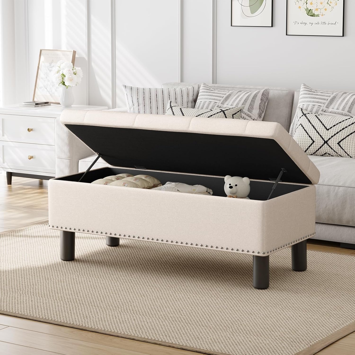 Furniliving Modern Storage Ottoman Bench, Sherpa Ottoman End of Bed Bench with Solid Wood Legs Upholstered Ottoman Benches with Storage Indoor Bench for Living Room with Rolled Arm, Entryway, White