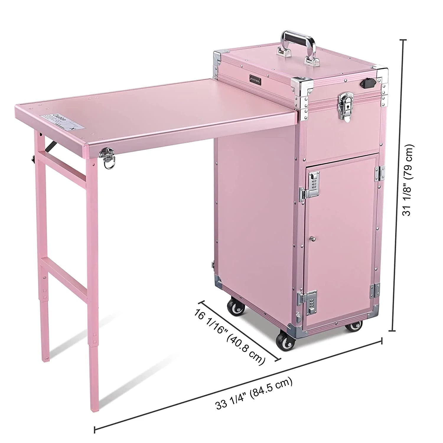 Byootique Portable Nail Desk & Makeup Station with Mirror, 4 Drawers, Bluetooth, USB, Pink