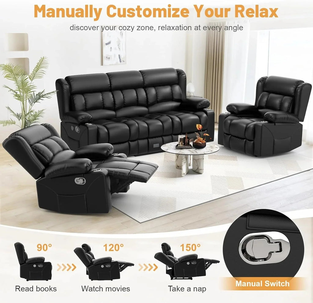 3 Seat Reclining Sofa with Storage Drawer USB Ports & Cup Holders Manual Couch
