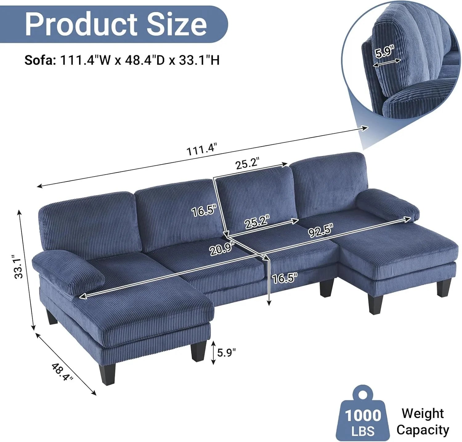 VINGLI 110 Sectional Couches for Living Room,U Shaped Couch with Double Chaise, 4-Seat Sofa Set with Chenille Fabric for Home Furniture,Beige
