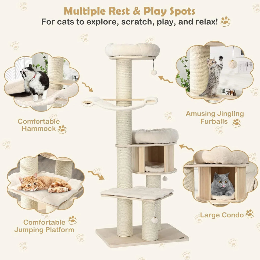 Large cat tree, multi-level tower with sisal posts, hammock, hanging basket and removable washable mats, perfect for large cats