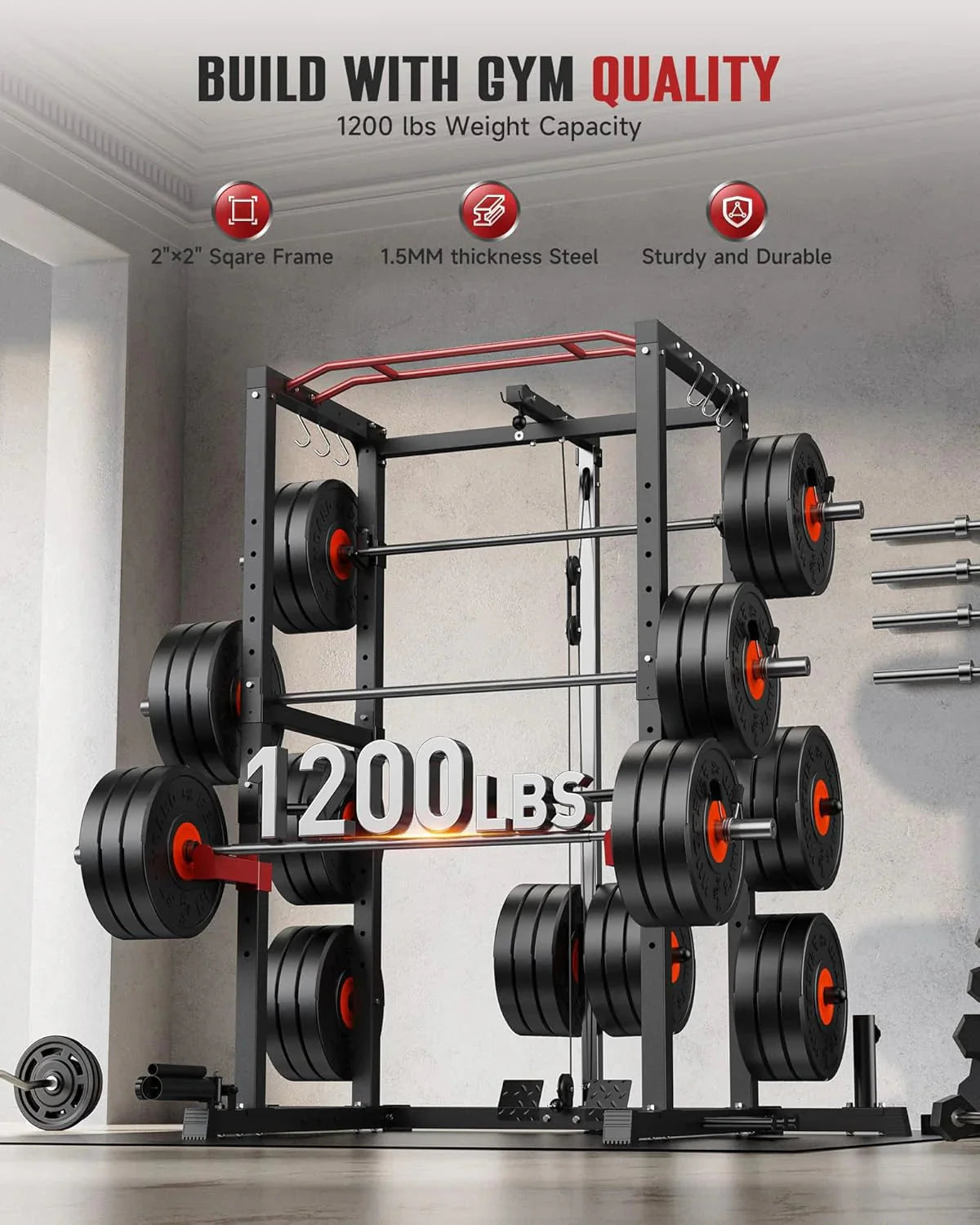 Sportsroyals Power Cage,1600lbs Multi-Function Power Rack with Adjustable Cable Crossover System and More Training Attachment, Weight Cage for Home Gym